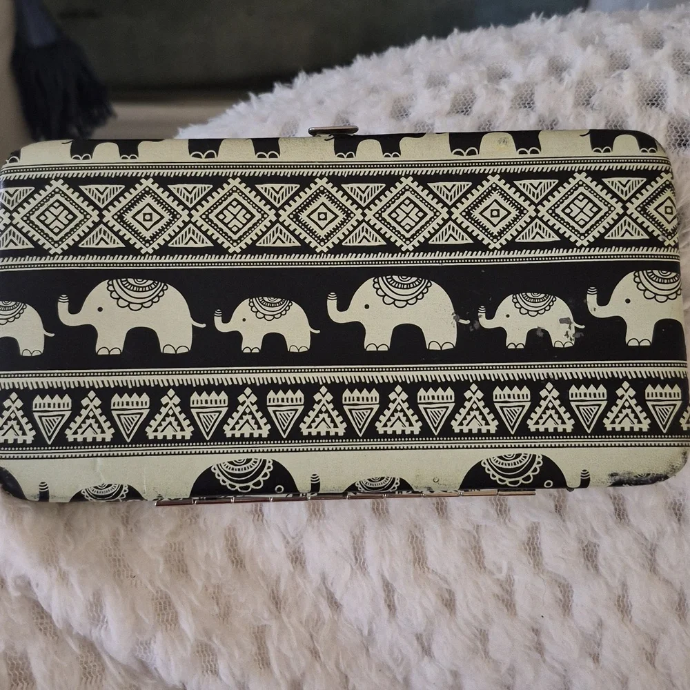 Boho Black N White Elephant Push Snap Open Wallet Clutch